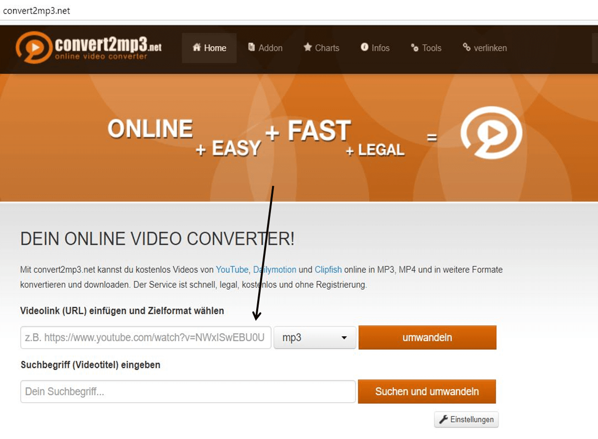 convert2mp3.net auf Webseite den Link des Videos einfügen