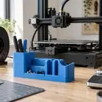 3D-Druck-Kosten berechnen: Was ein fertiges Teil wirklich kostet 3D-Drucker mit blauer Filamentspule und gedrucktem Organizer auf einer Werkbank.