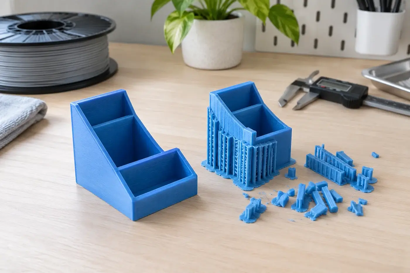 Zwei gedruckte blaue Organizer, einer mit Stützen, neben Filamentspule und Messschieber.