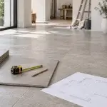 Fliesenbedarf berechnen: Fläche, Verschnitt und ganze Pakete Fliesen, Maßband und Grundriss in einem hellen Raum bei der Materialplanung.