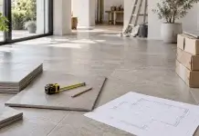 Fliesenbedarf berechnen: Fläche, Verschnitt und ganze Pakete Fliesen, Maßband und Grundriss in einem hellen Raum bei der Materialplanung.