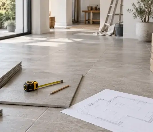 Fliesenbedarf berechnen: Fläche, Verschnitt und ganze Pakete Fliesen, Maßband und Grundriss in einem hellen Raum bei der Materialplanung.