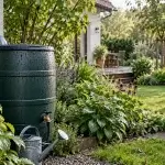 Regenwasser im Garten nutzen: Ertrag und Speicher richtig planen Geschlossene Regentonne am Fallrohr neben bepflanzten Gartenbeeten.