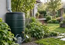 Regenwasser im Garten nutzen: Ertrag und Speicher richtig planen Geschlossene Regentonne am Fallrohr neben bepflanzten Gartenbeeten.