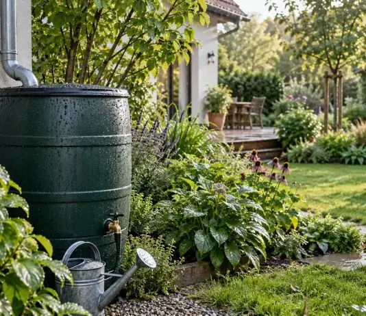 Regenwasser im Garten nutzen: Ertrag und Speicher richtig planen Geschlossene Regentonne am Fallrohr neben bepflanzten Gartenbeeten.