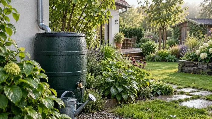 Regenwasser im Garten nutzen: Ertrag und Speicher richtig planen – Titelbild Geschlossene Regentonne am Fallrohr neben bepflanzten Gartenbeeten.