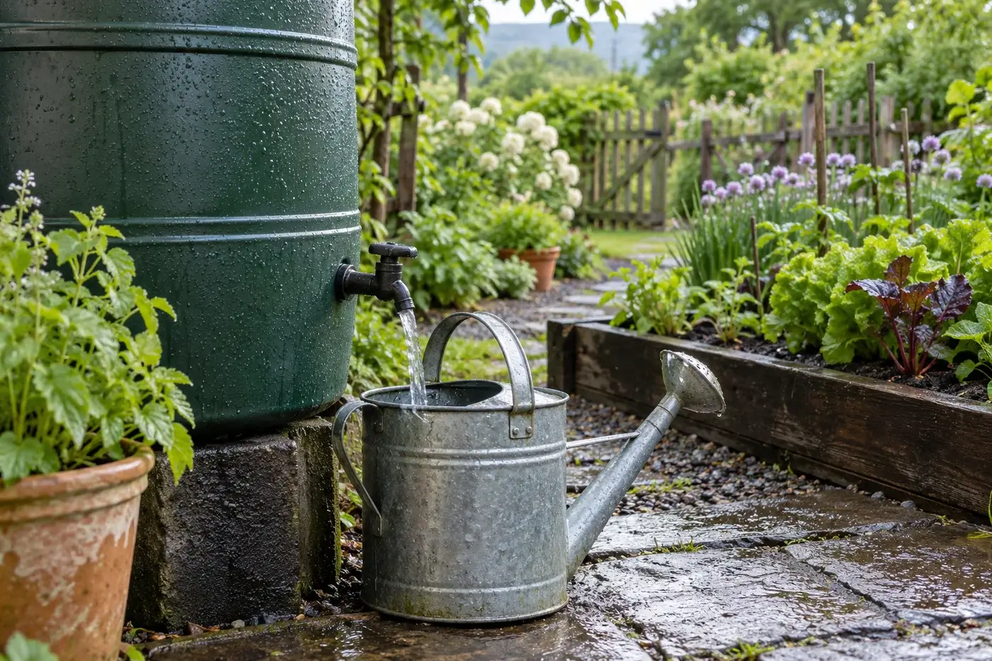 Gießkanne unter dem Auslauf einer Regentonne vor einem bepflanzten Gartenbeet.