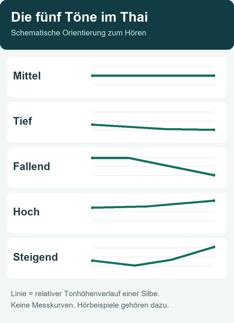 Schematische Tonhöhenverläufe im Thai: mittel, tief, fallend, hoch und steigend.