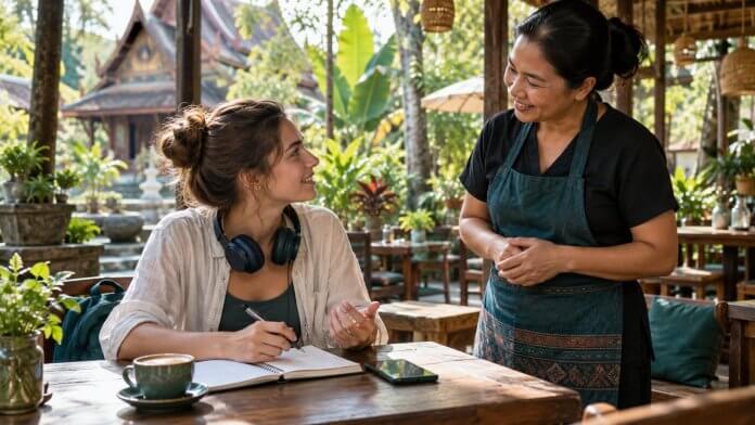 Thailändisch lernen im Gespräch: Titelbild Eine Lernende mit Notizbuch und Kopfhörern im Gespräch mit einer Cafébetreiberin in Thailand.