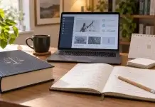 Waffensachkunde lernen: Ein strukturierter Plan für die Theorie Lernplatz mit Gesetzesbuch, Notizbuch und Laptop für die Theorievorbereitung.